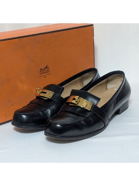 Hermes Shoes - Hermes Kelly Leather Black Pumps Gold Heel